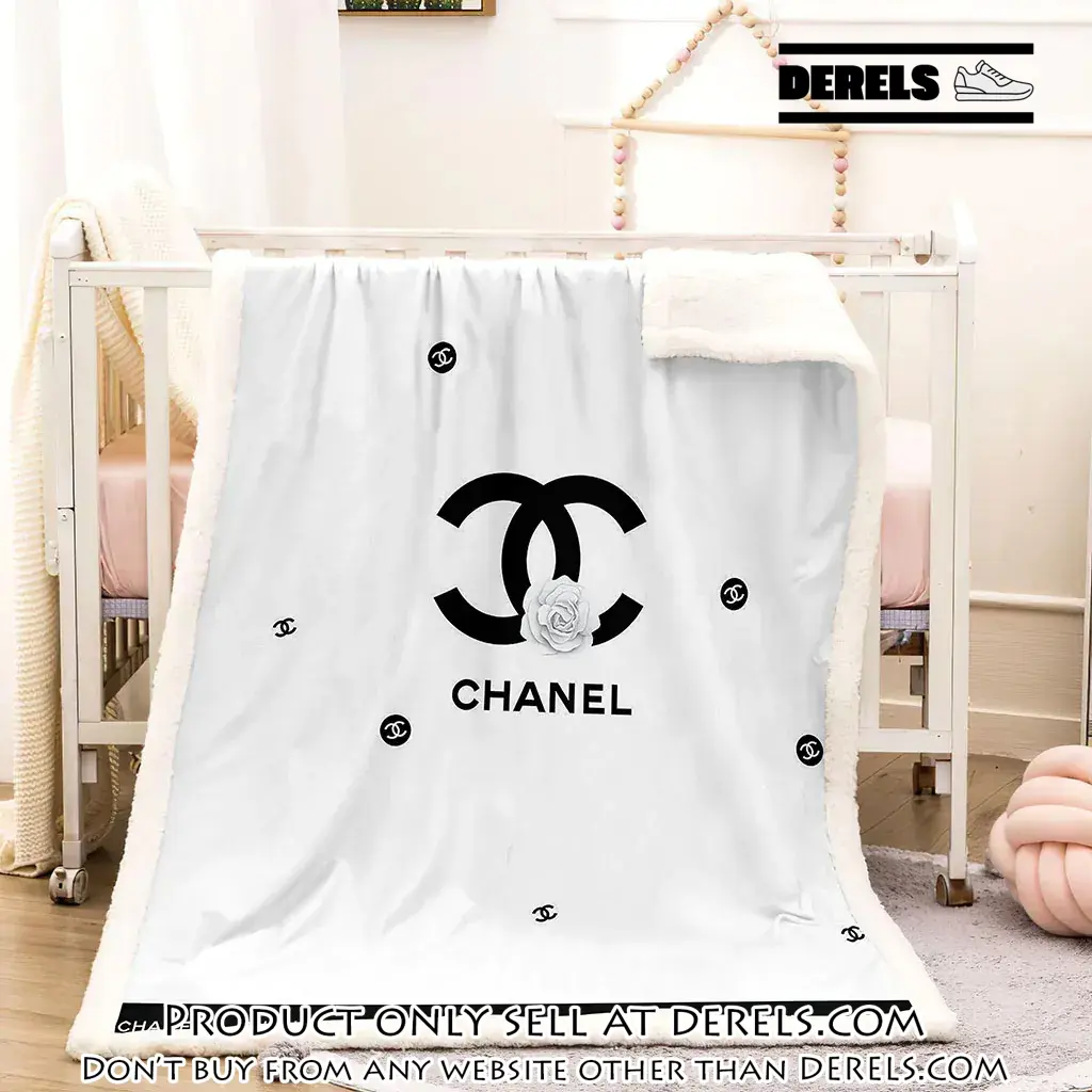 Chanel white roses black logo luxury brand premium blanket fleece home decor dr1319782